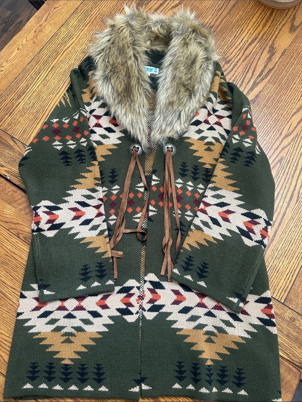 Forest Green Southwestern Faux-Fur Trim Knit Trench Coat